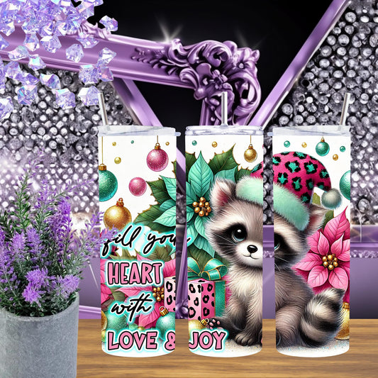 Christmas Raccoon Tumbler 20 oz – Cute Pink Santa Cup, Holiday Gift for Her, Glitter Animal Tumbler, Winter Coffee Cup with Straw
