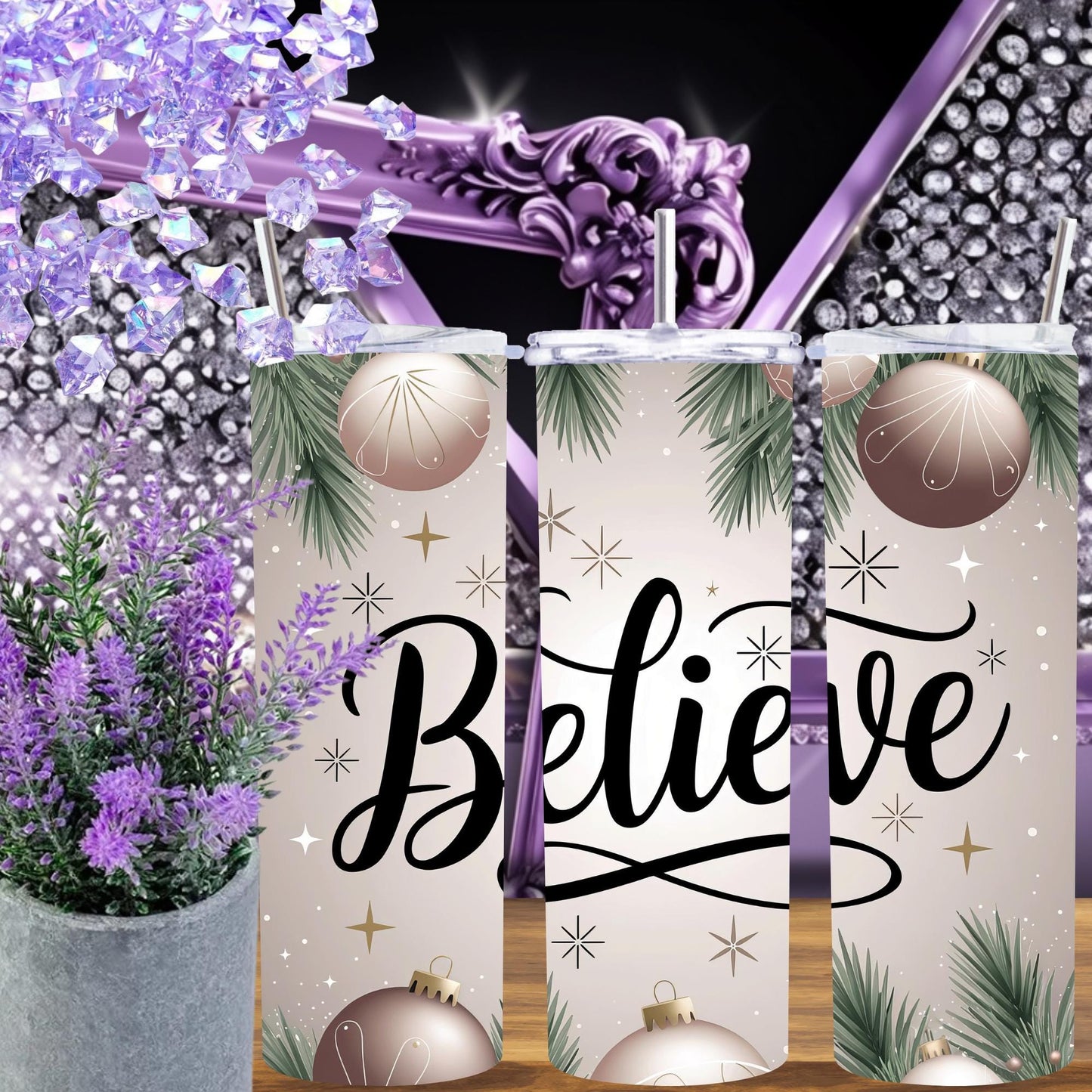 Believe Christmas Tumbler 20 oz Skinny | Holiday Ornament Tumbler with Lid and Straw | Winter Drinkware Gift for Her
