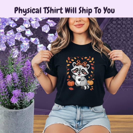 Cute Raccoon Fall T-shirt, Autumn Pumpkin Season Tee, Thanksgiving Raccoon Shirt, Leopard Bow Raccoon Shirt, Fall Animal Lover Gift
