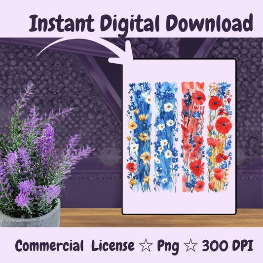 Wildflower Brushstroke PNG | Watercolor Floral Strips Clipart | Red Blue Boho Flowers Sublimation | 300 DPI Instant Download