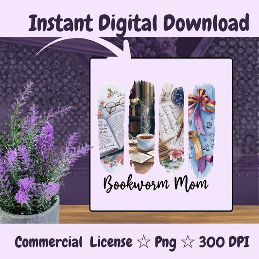 Bookworm Mom PNG | Book Lover Brushstroke Sublimation Design | Reading Mom Clipart | 300 DPI Digital Download for Totes & Gifts