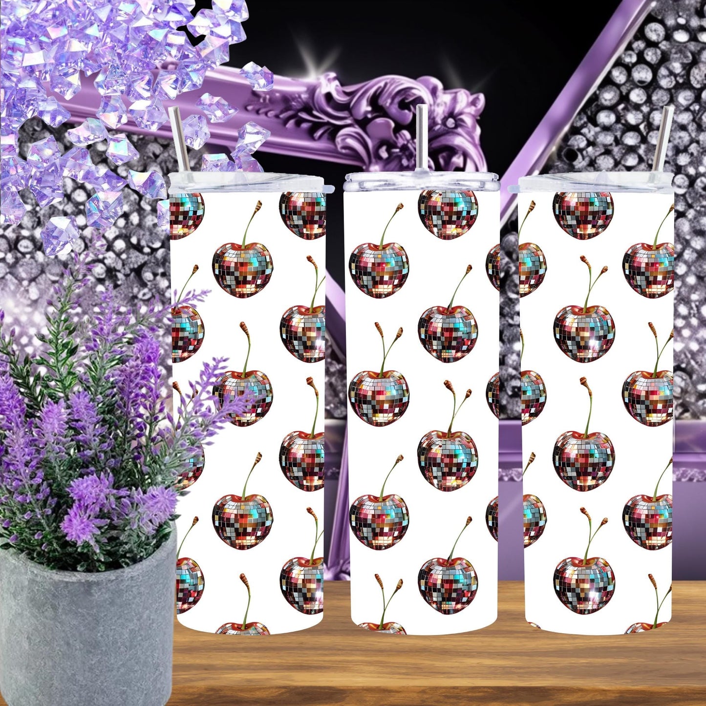 Retro Disco Cherry 20oz Tumbler - Funky Glitter Cherry Cup - Wichita Made