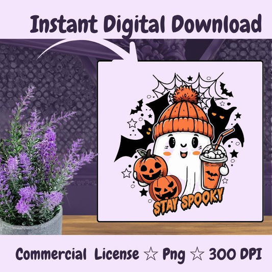 Cute Ghost Halloween PNG, Stay Spooky Sublimation Design, Fall Coffee Ghost Clipart, Kawaii Halloween Digital Download
