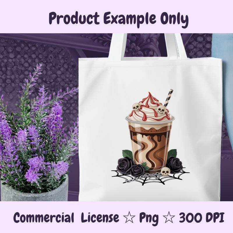 Goth Halloween Coffee PNG, Spooky Latte Clipart with Skulls and Roses, Dark Fall Drink Sublimation, Digital Download