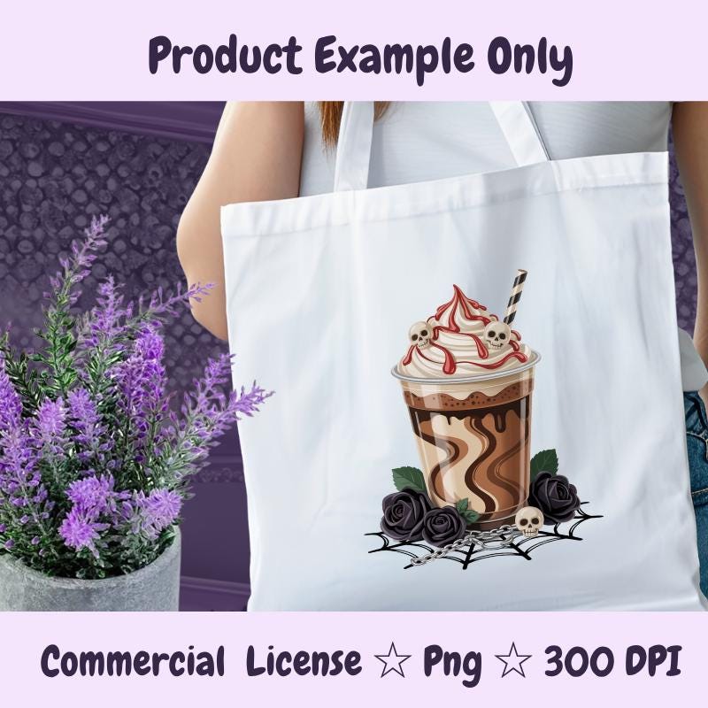 Goth Halloween Coffee PNG, Spooky Latte Clipart with Skulls and Roses, Dark Fall Drink Sublimation, Digital Download