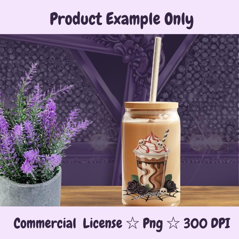 Goth Halloween Coffee PNG, Spooky Latte Clipart with Skulls and Roses, Dark Fall Drink Sublimation, Digital Download