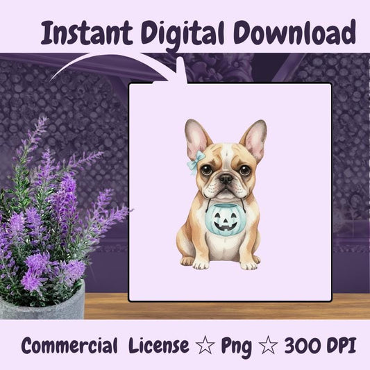 French Bulldog Halloween PNG, Cute Frenchie Clipart with Pumpkin Bucket, Dog Mom Fall Sublimation Design, Digital Download