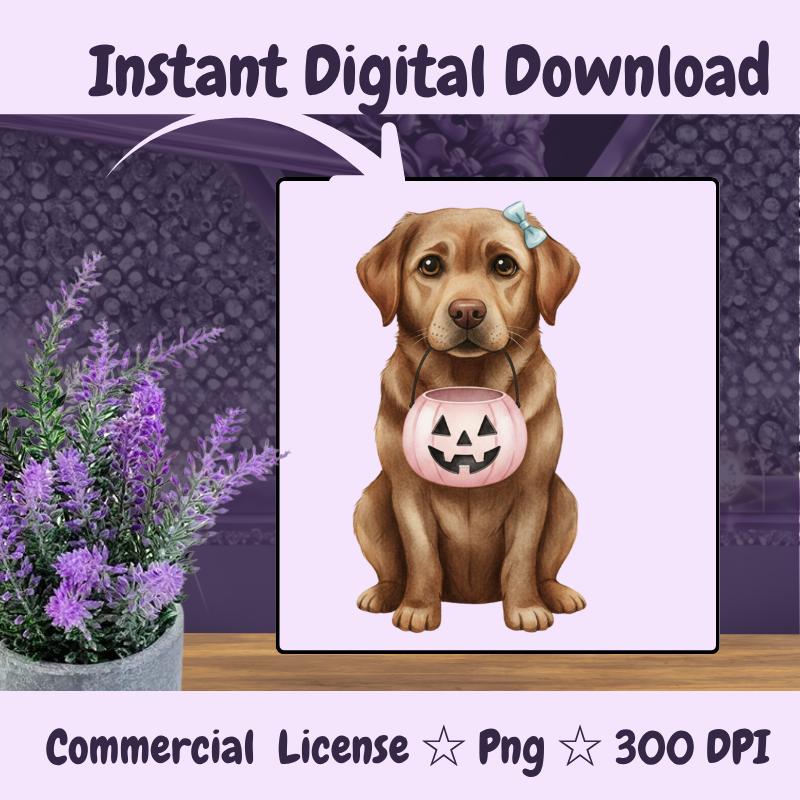 Chocolate Labrador Halloween PNG, Fall Dog Clipart with Pumpkin Bucket, Cute Lab Sublimation Design, Digital Download