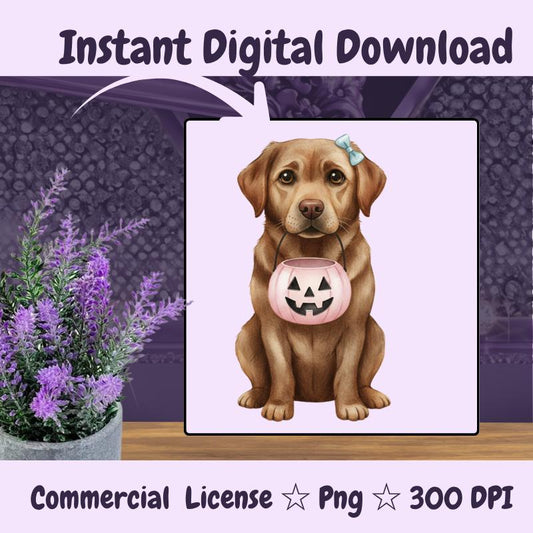 Chocolate Labrador Halloween PNG, Fall Dog Clipart with Pumpkin Bucket, Cute Lab Sublimation Design, Digital Download