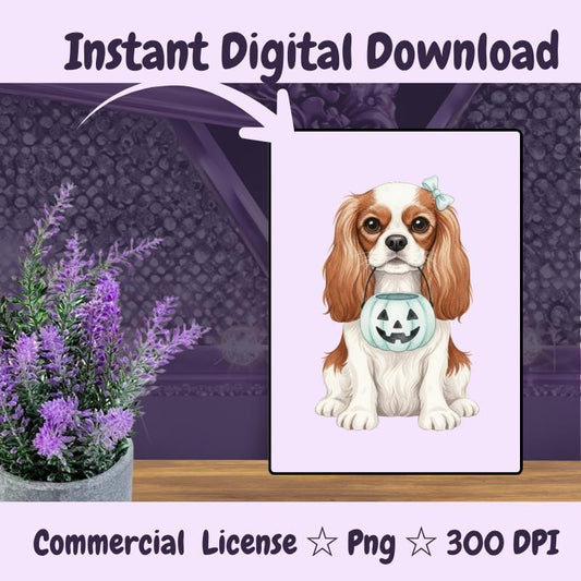 Cavalier King Charles Halloween PNG, Spaniel Dog Clipart with Pumpkin, Cute Fall Sublimation Design, Digital Download