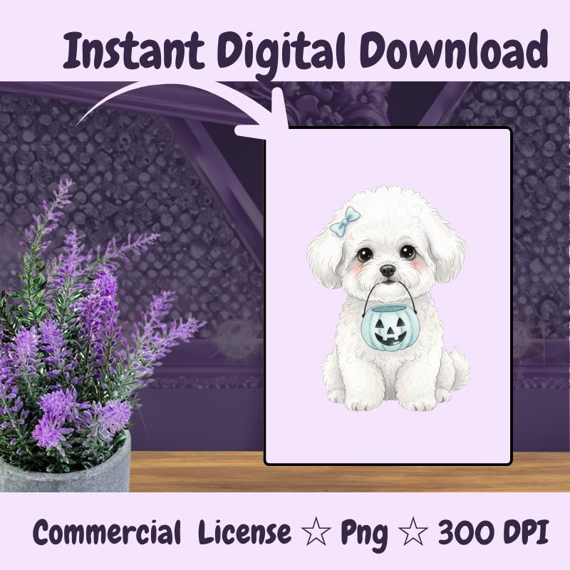 Bichon Frise Halloween PNG, Cute White Dog Clipart with Pumpkin Bucket, Fall Dog Mom Sublimation, Digital Download