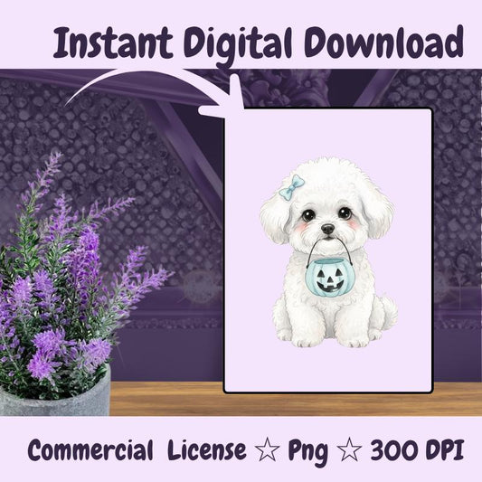 Bichon Frise Halloween PNG, Cute White Dog Clipart with Pumpkin Bucket, Fall Dog Mom Sublimation, Digital Download