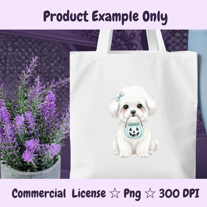 Bichon Frise Halloween PNG, Cute White Dog Clipart with Pumpkin Bucket, Fall Dog Mom Sublimation, Digital Download