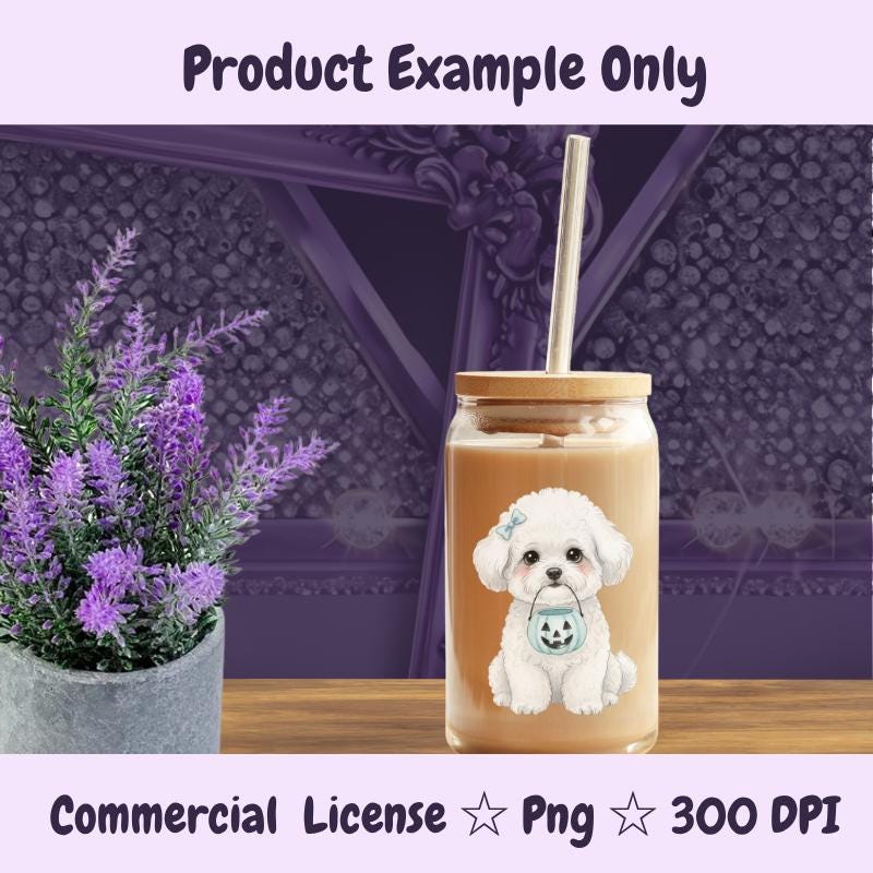 Bichon Frise Halloween PNG, Cute White Dog Clipart with Pumpkin Bucket, Fall Dog Mom Sublimation, Digital Download