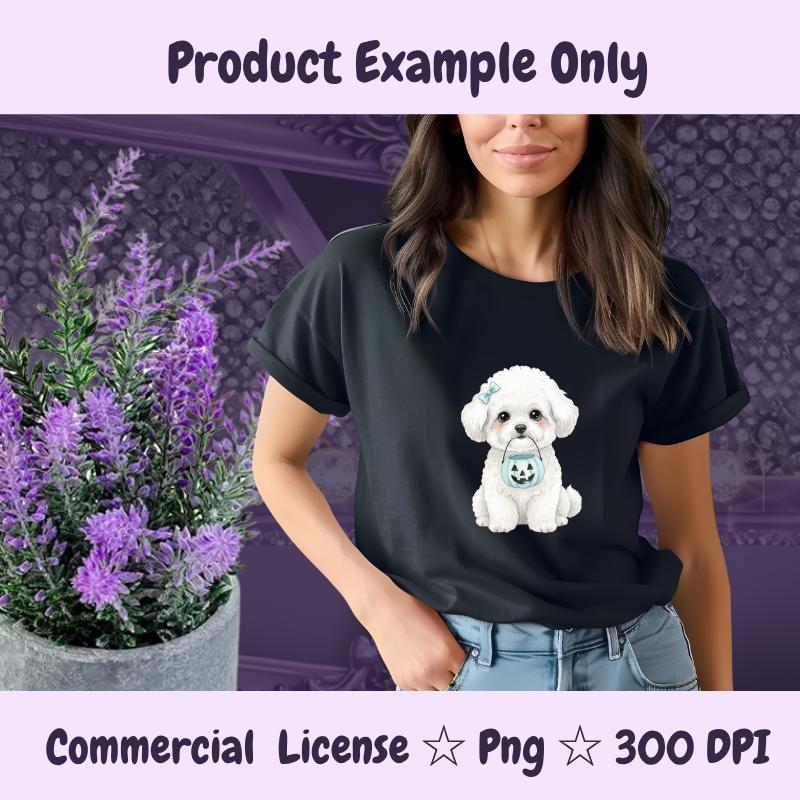 Bichon Frise Halloween PNG, Cute White Dog Clipart with Pumpkin Bucket, Fall Dog Mom Sublimation, Digital Download