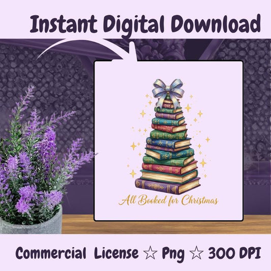 All Booked for Christmas PNG, Colorful Book Tree Clipart, Holiday Book Lover Sublimation Design, Magical Reading Digital Download