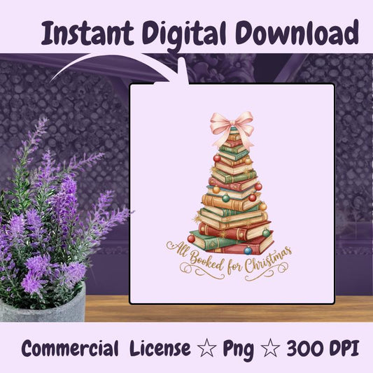 All Booked for Christmas PNG, Holiday Book Stack Tree Clipart, Red and Green Christmas Sublimation Design, Book Lover Digital Download