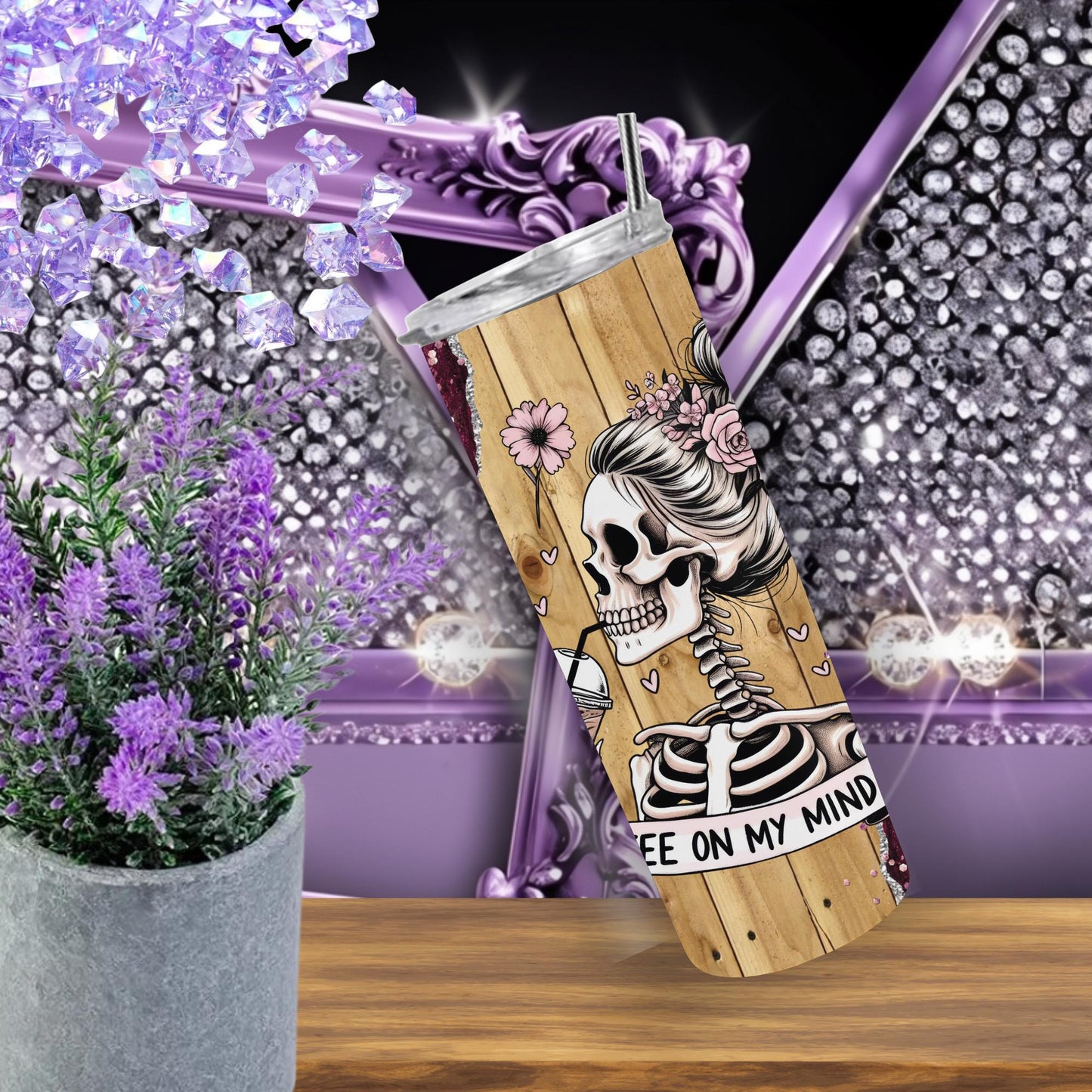 Skeleton Coffee Tumbler 20oz, Pink Rose Glitter Tumbler with Lid and Straw, Coffee on My Mind Cup, Goth Floral Gift for Her