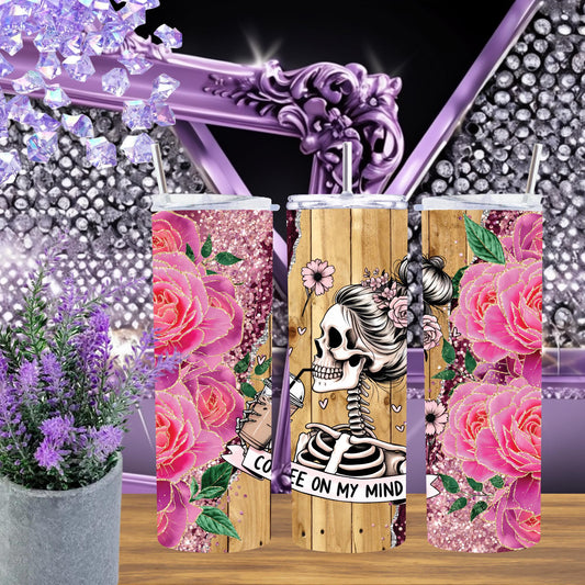 Skeleton Coffee Tumbler 20oz, Pink Rose Glitter Tumbler with Lid and Straw, Coffee on My Mind Cup, Goth Floral Gift for Her