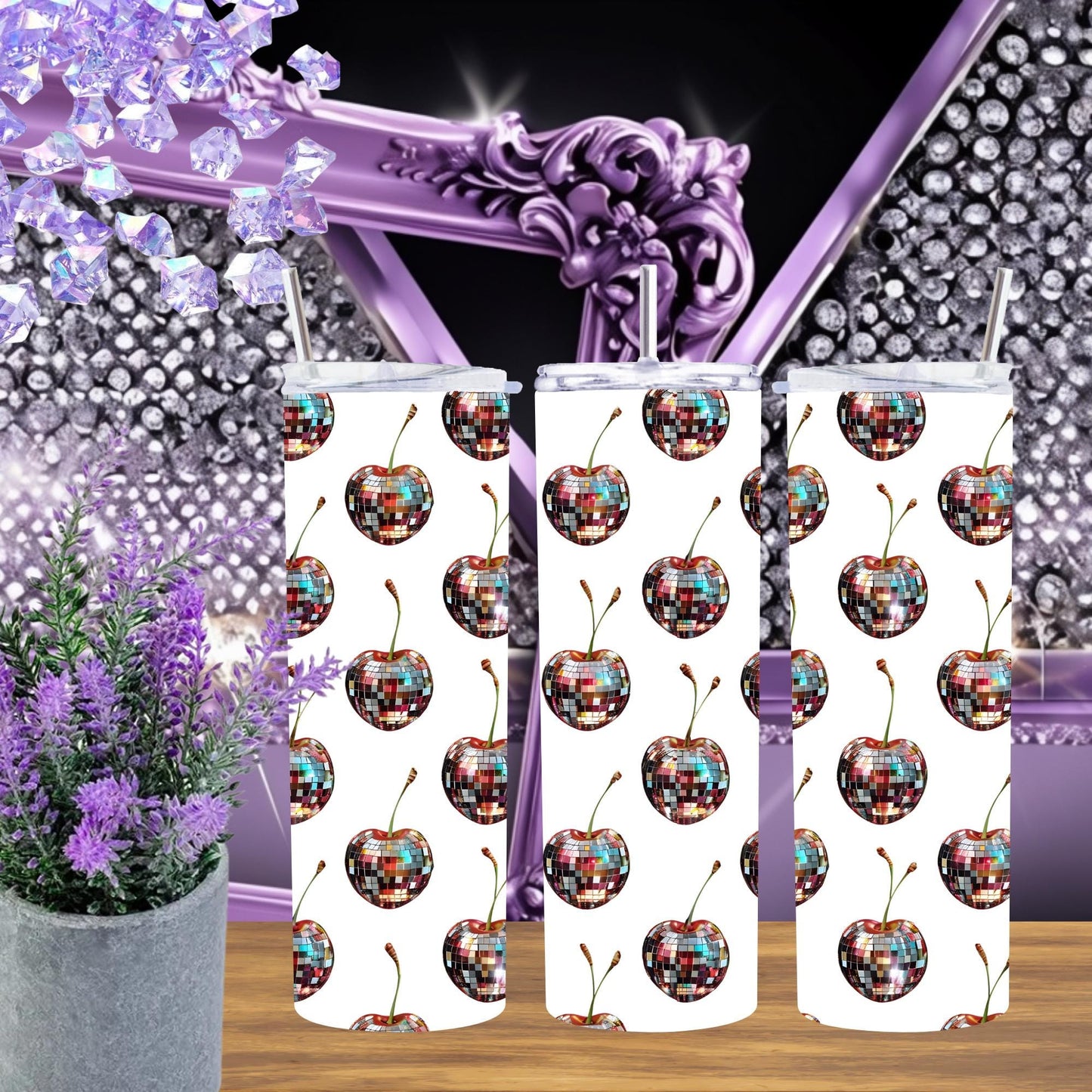 Retro Disco Cherry 20oz Tumbler - Funky Glitter Cherry Cup - Wichita Made