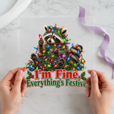 I'm Fine Everything's Festive raccoon tangled Christmas lights DTF transfer design