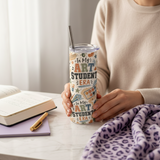 In My Art Student Era 20 oz Stainless Steel Tumbler showing bold varsity-inspired lettering surrounded by watercolor palettes, paint brushes, pencils, rulers, sketchbooks, and