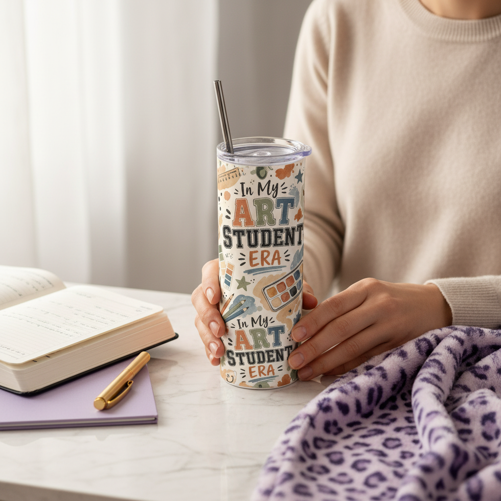 In My Art Student Era 20 oz Stainless Steel Tumbler showing bold varsity-inspired lettering surrounded by watercolor palettes, paint brushes, pencils, rulers, sketchbooks, and
