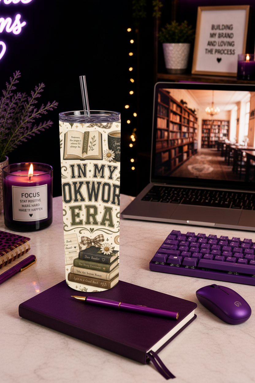 In My Bookworm Era Handmade 20 oz Stainless Steel Tumbler showing charming vintage-inspired artwork including stacked books, library cards, coffee mugs, bows, daisies, bookmarks