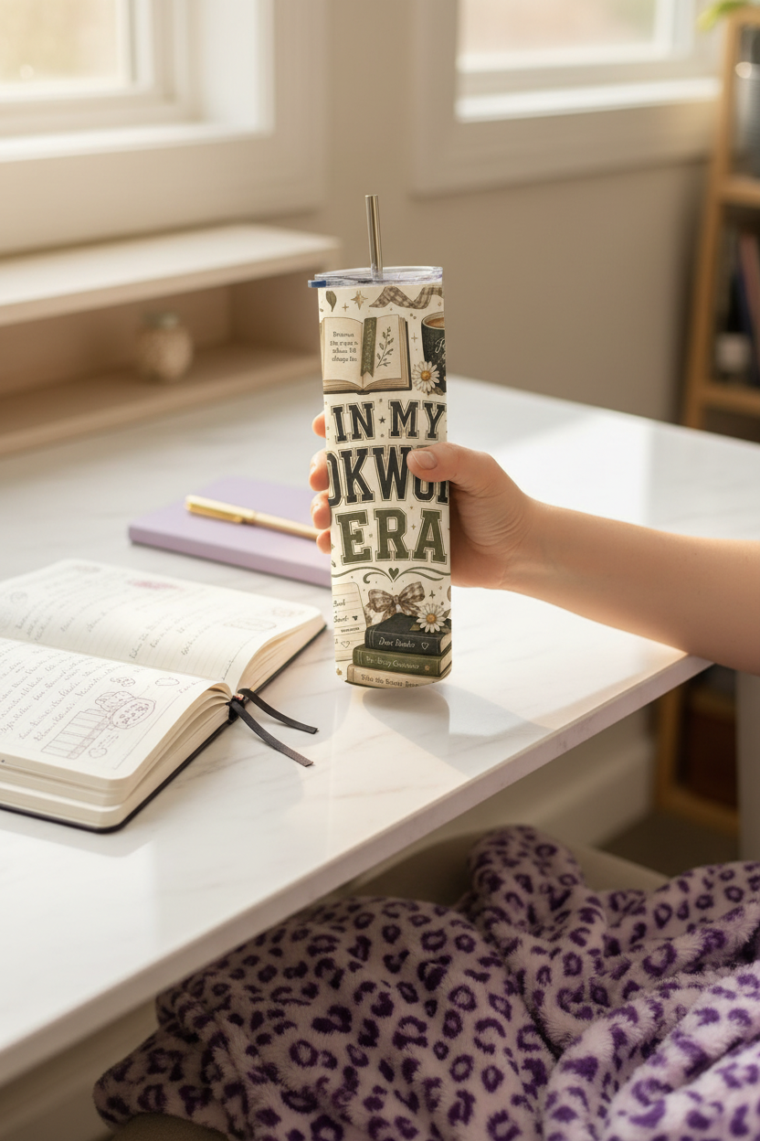 In My Bookworm Era Handmade 20 oz Stainless Steel Tumbler showing charming vintage-inspired artwork including stacked books, library cards, coffee mugs, bows, daisies, bookmarks