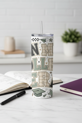 In My College Era Handmade 20 oz Stainless Steel Tumbler showing bold varsity-inspired lettering with trendy academic illustrations including graduation caps, notebooks, coffee