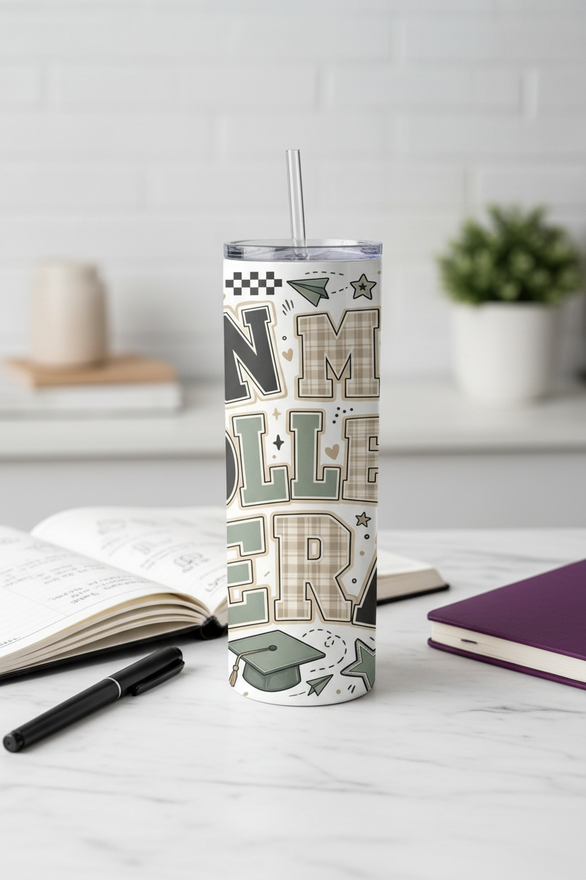 In My College Era Handmade 20 oz Stainless Steel Tumbler showing bold varsity-inspired lettering with trendy academic illustrations including graduation caps, notebooks, coffee