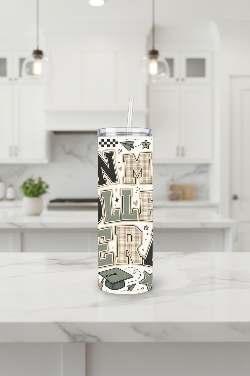 In My College Era Handmade 20 oz Stainless Steel Tumbler showing bold varsity-inspired lettering with trendy academic illustrations including graduation caps, notebooks, coffee