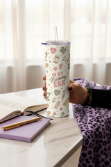 In My Nursing Era Handmade 20 oz Stainless Steel Tumbler showing charming medical-inspired illustrations including stethoscopes, prescription bottles, hearts, flowers, bandages