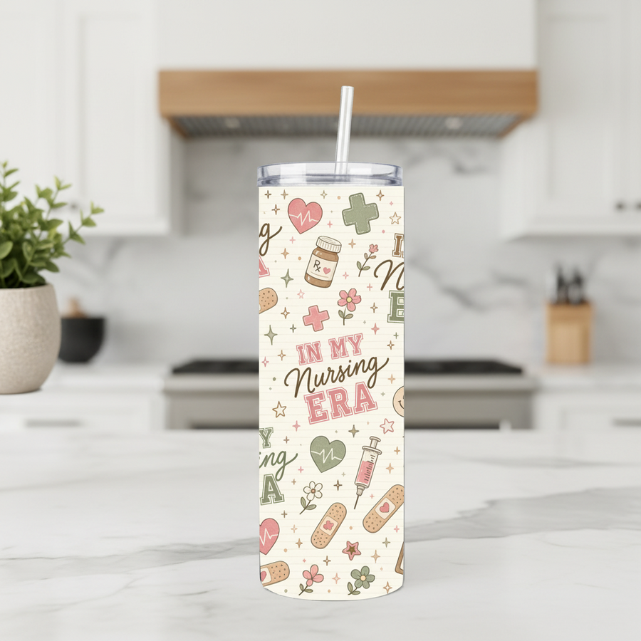 In My Nursing Era Handmade 20 oz Stainless Steel Tumbler showing charming medical-inspired illustrations including stethoscopes, prescription bottles, hearts, flowers, bandages