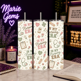 In My Nursing Era Handmade 20 oz Stainless Steel Tumbler showing charming medical-inspired illustrations including stethoscopes, prescription bottles, hearts, flowers, bandages