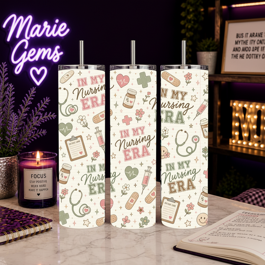 In My Nursing Era Handmade 20 oz Stainless Steel Tumbler showing charming medical-inspired illustrations including stethoscopes, prescription bottles, hearts, flowers, bandages