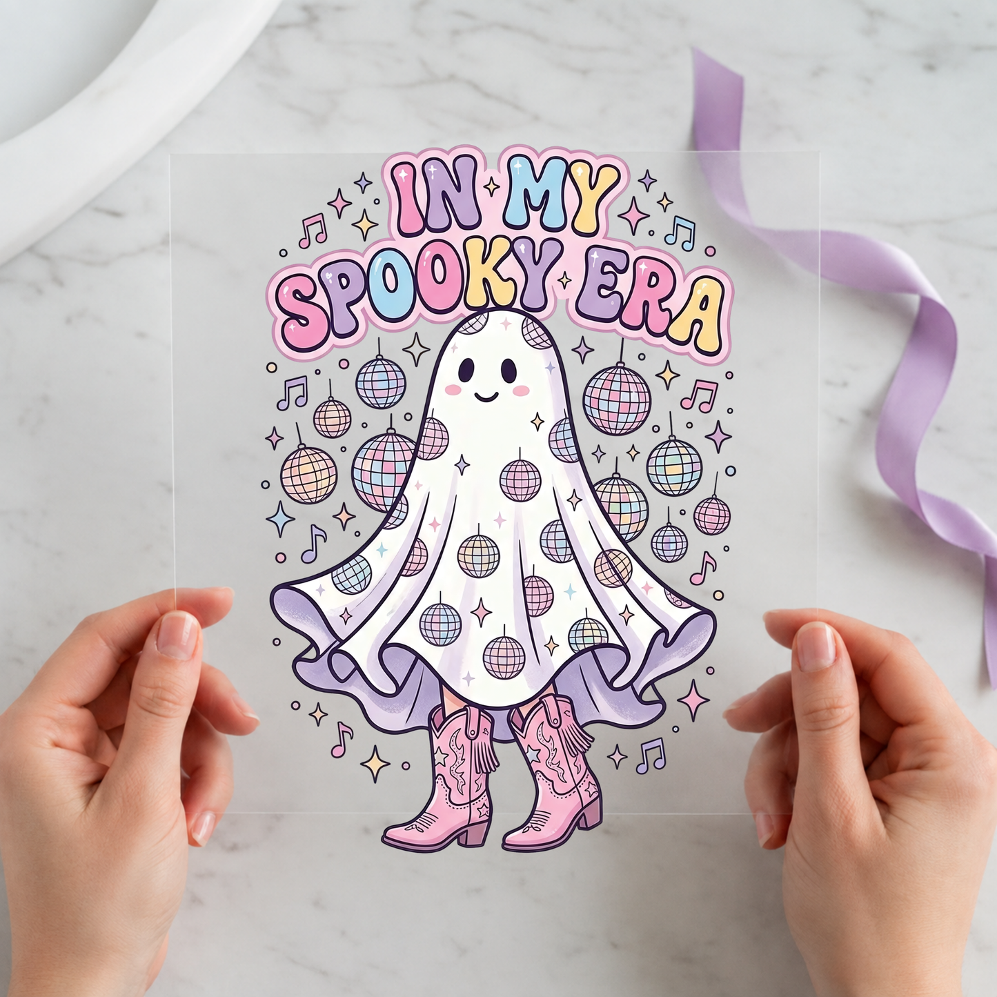 In My Spooky Era Cowgirl Ghost featuring patterned ghost in cowboy boots with disco balls and stars on a 12x12 ready-to-press DTF heat transfer