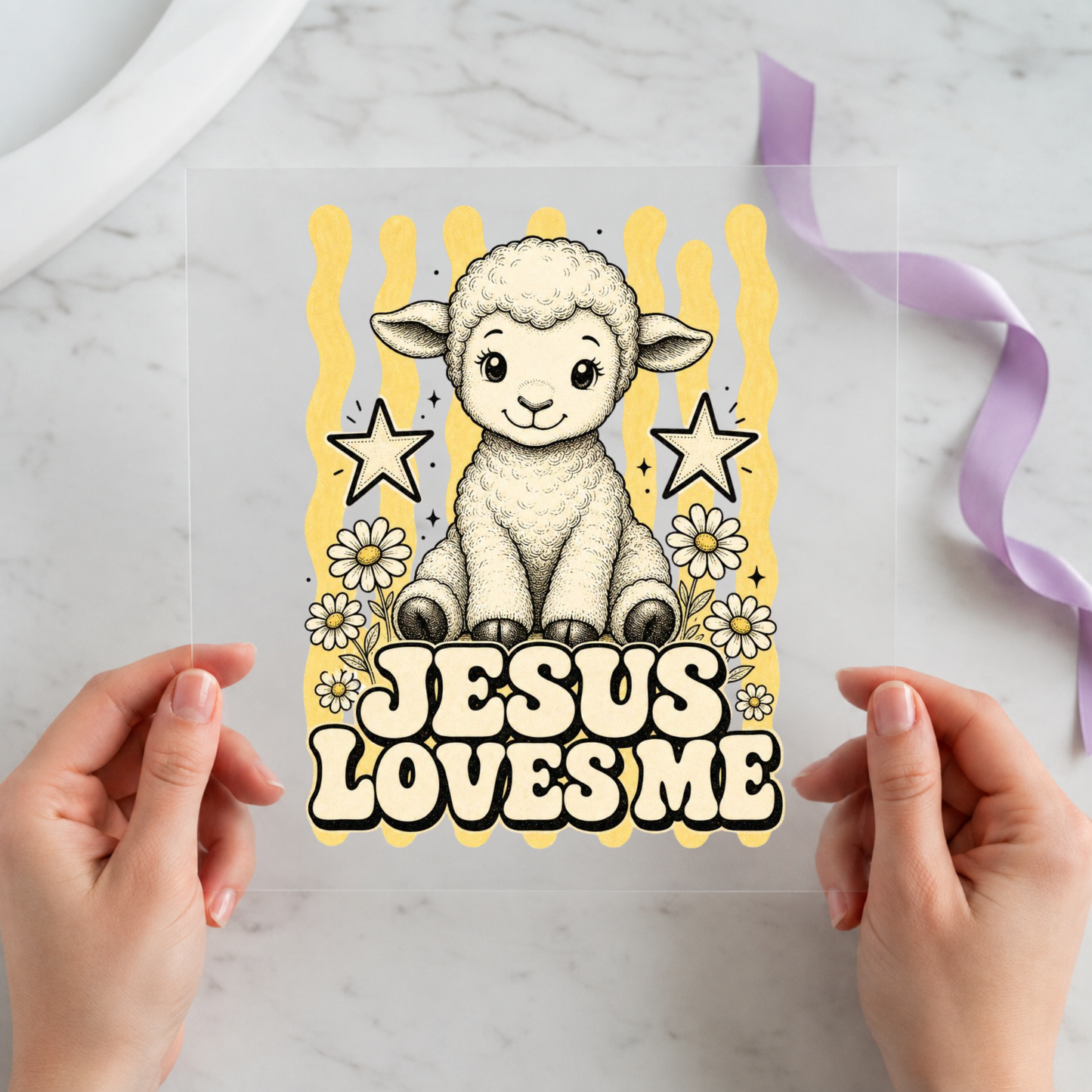 Jesus Loves Me Lamb individual product photo included in the Christian Faith five-pack DTF transfer bundle