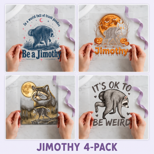 Jimothy Raccoon four-pack 12x12 ready-to-press DTF transfer bundle collage