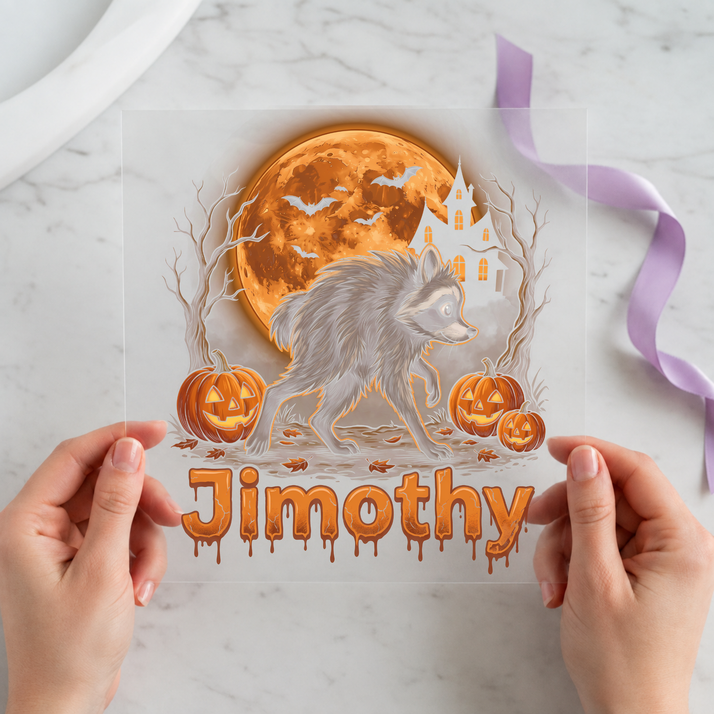 Jimothy the Raccoon Full Moon featuring Jimothy raccoon beneath an orange full moon surrounded by pumpkins on a 12x12 ready-to-press DTF heat transfer