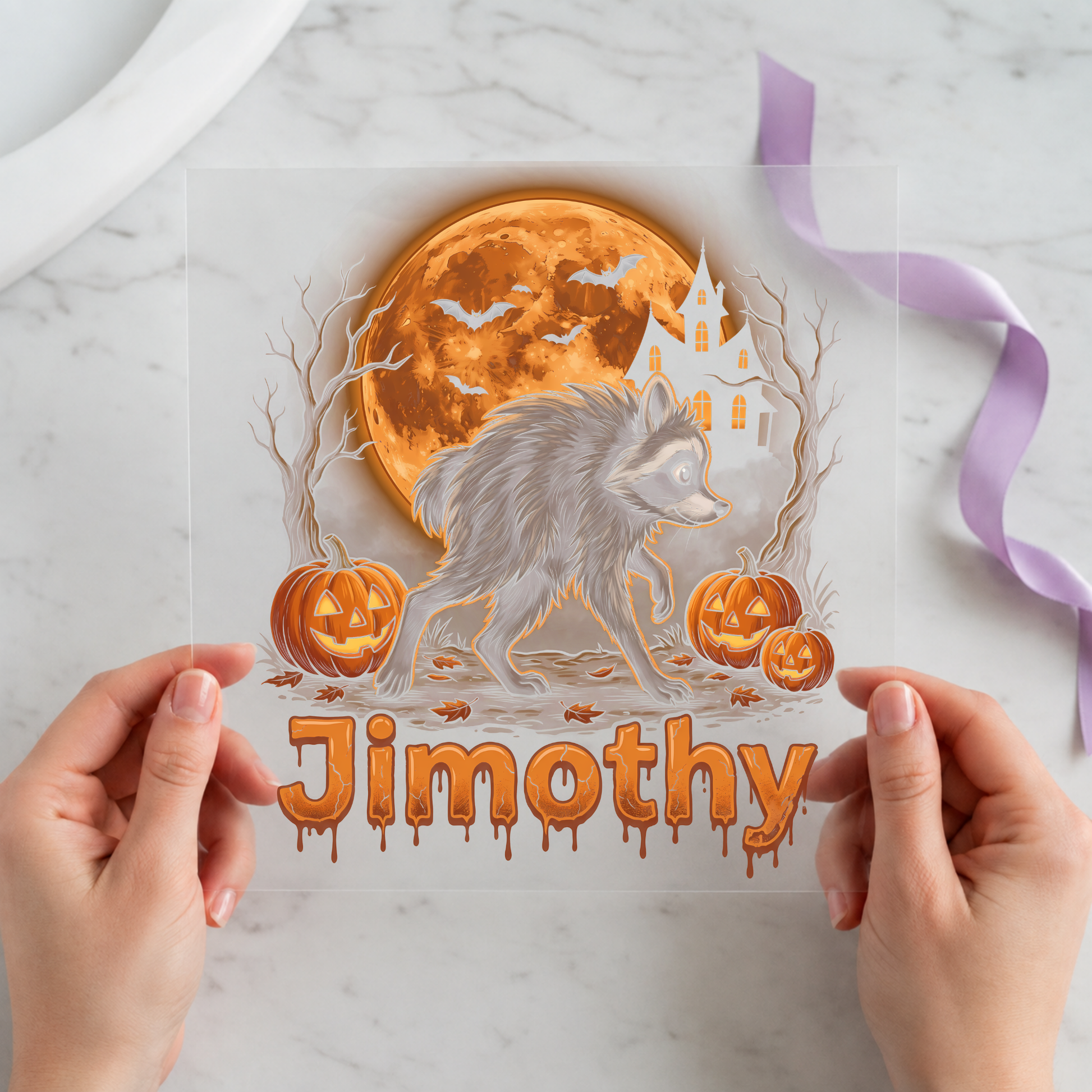 Jimothy the Raccoon Full Moon featuring Jimothy raccoon beneath an orange full moon surrounded by pumpkins on a 12x12 ready-to-press DTF heat transfer