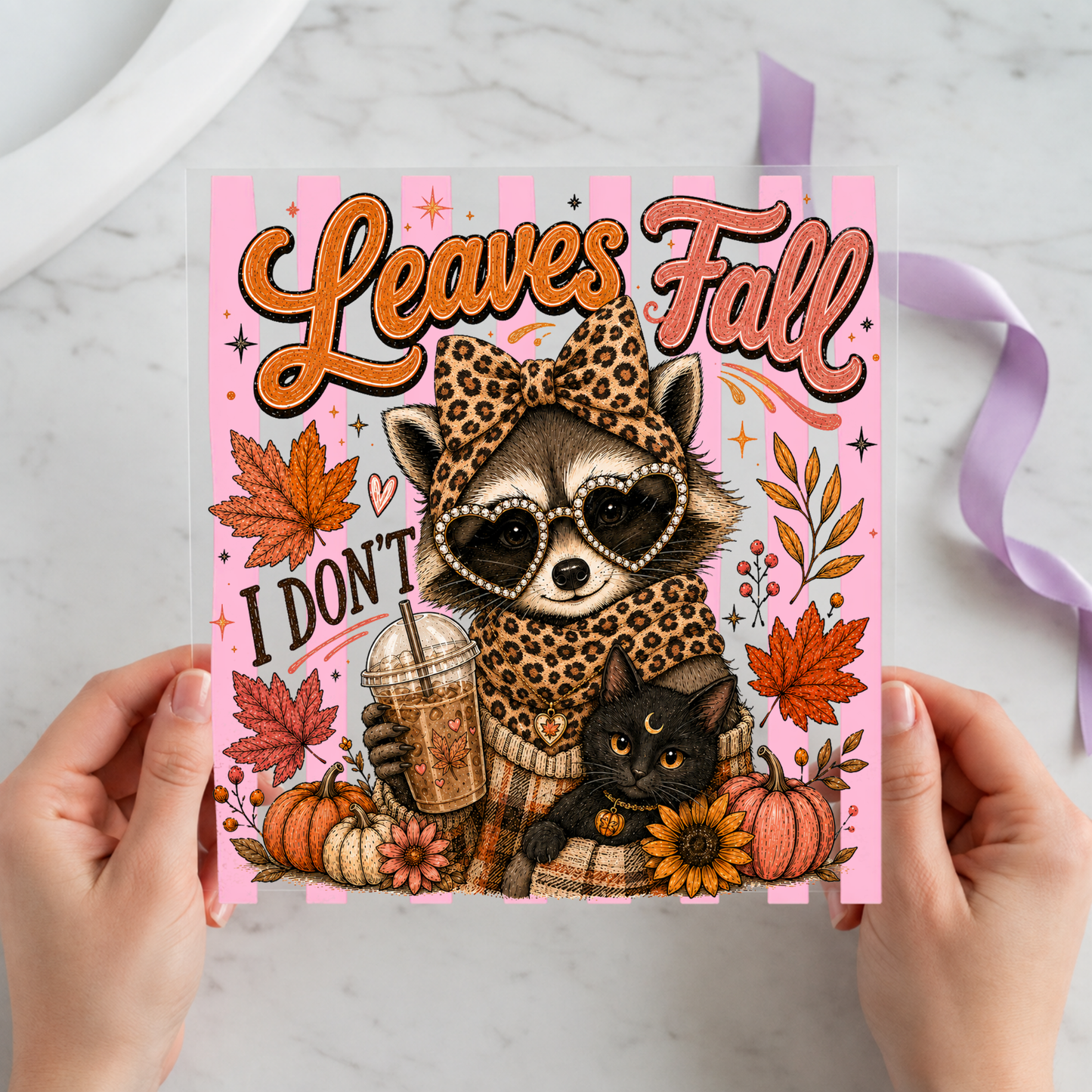 Jimothy the Raccoon Leaves Fall Leopard featuring Jimothy raccoon in leopard sweater and glasses holding iced coffee on a 12x12 ready-to-press DTF heat transfer