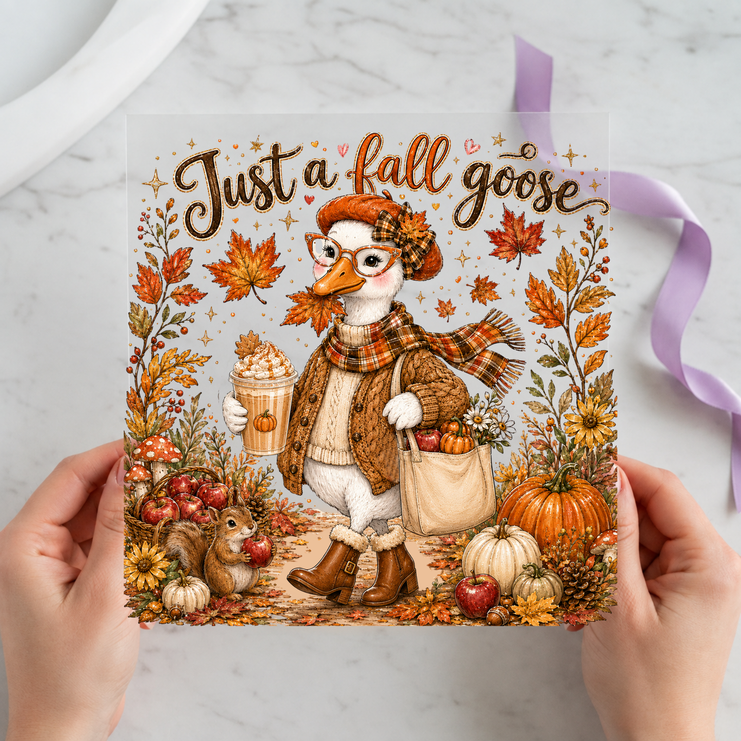 Just a Fall Goose featuring fashionable goose in sweater and hat holding coffee among pumpkins on a 12x12 ready-to-press DTF heat transfer