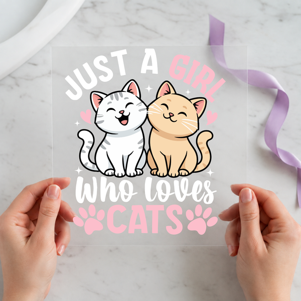 Just a Girl Who Loves Cats individual product photo included in the Funny Cat Volume 2 five-pack DTF transfer bundle