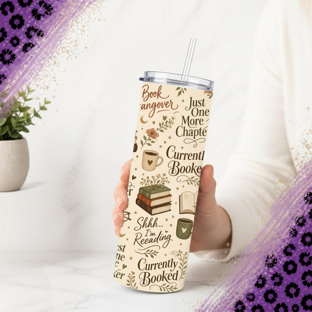 Just One More Chapter 20 oz book lover tumbler with bookish sayings, coffee mugs and stacked books