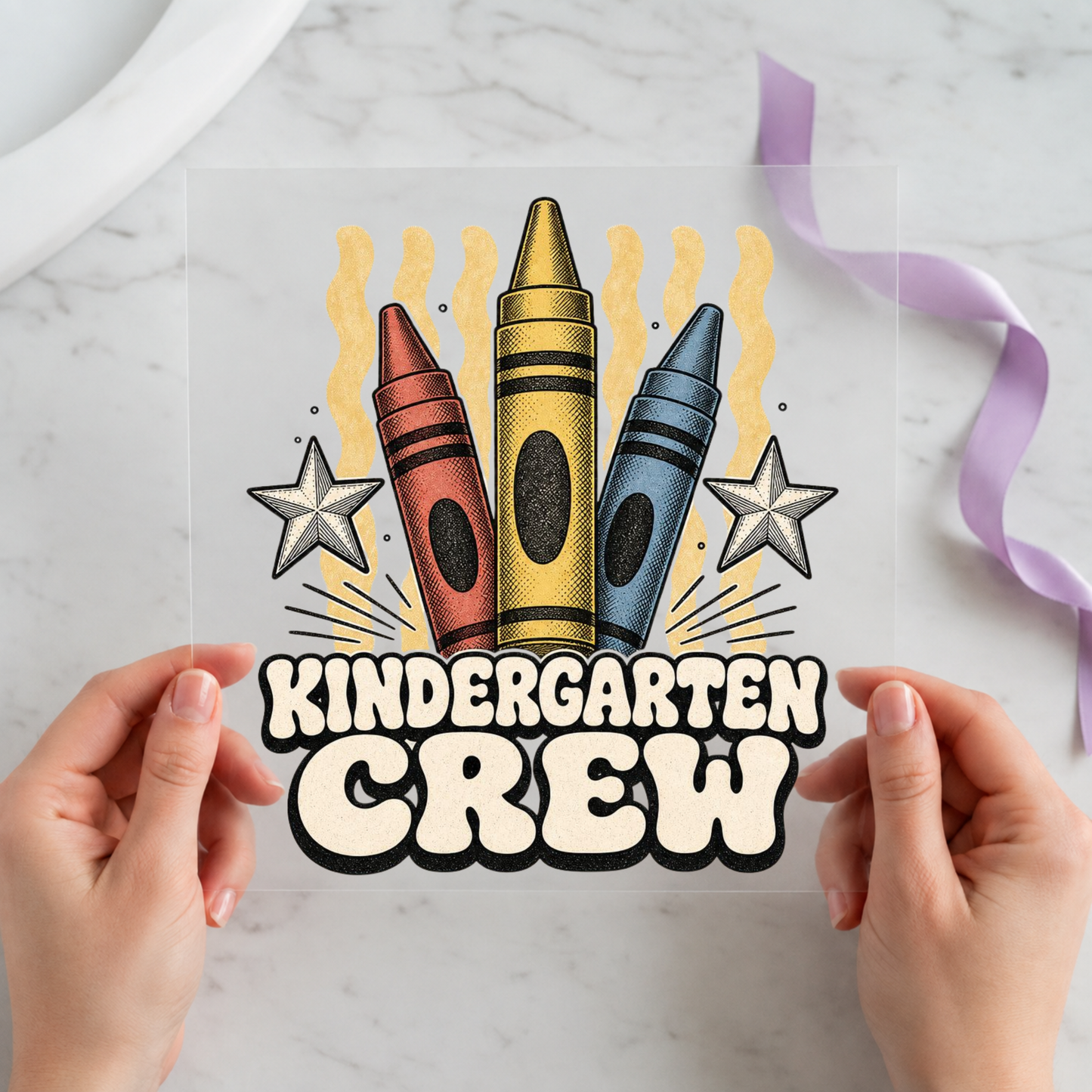 Kindergarten Crew Crayons individual product photo included in the Teacher Appreciation five-pack DTF transfer bundle