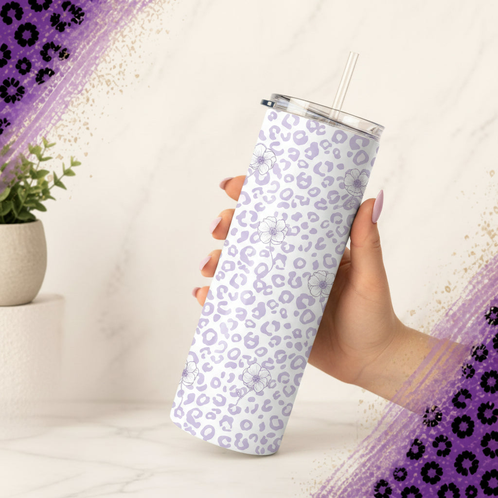 Lavender leopard floral 20 oz tumbler with soft purple animal print and outlined flowers