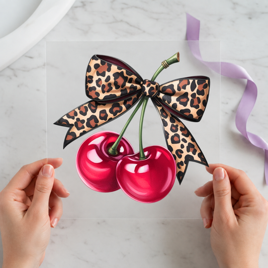 Leopard Bow Cherries individual product photo included in the Funny Cat Curated Mix 3 five-pack DTF transfer bundle