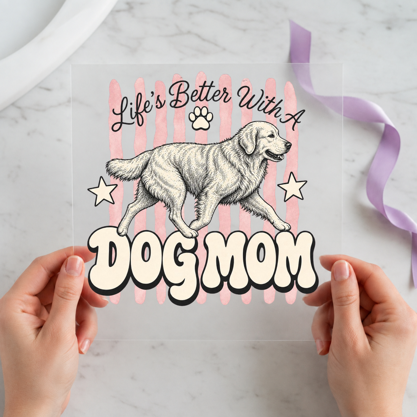 Life's Better With a Dog Mom Golden Retriever individual product photo included in the Dog Mom five-pack DTF transfer bundle