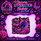 Unicorn Affirmation Stickers for Kids Vinyl Sticker Pack showing unicorn affirmation stickers for kids artwork with inspirational stickers for girls, motivational stickers for
